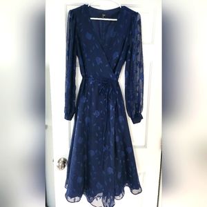 Evening of Elegance Navy Blue Floral Jacquard Wrap Midi Dress